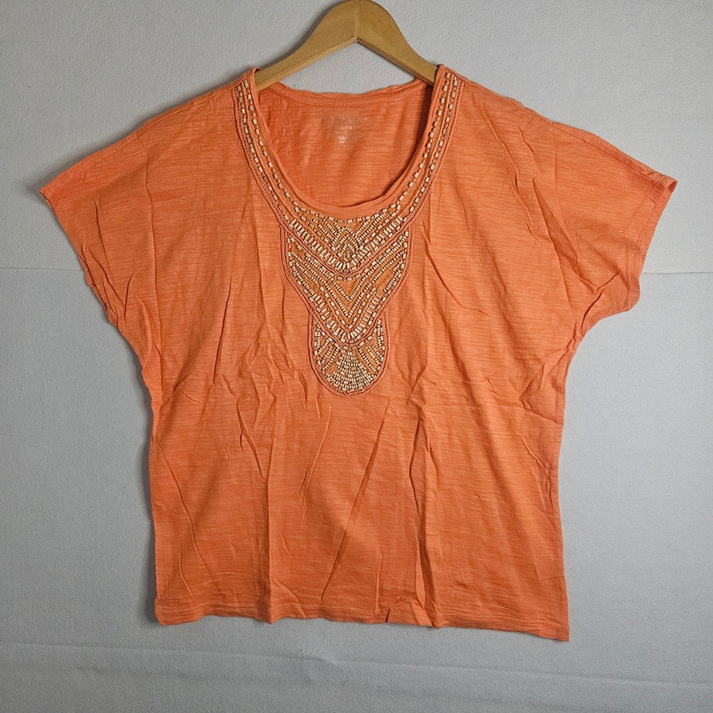 Chicos Orange Beaded Bib Neckline Slub Knit Short Sleeve Top Size 2 L Large